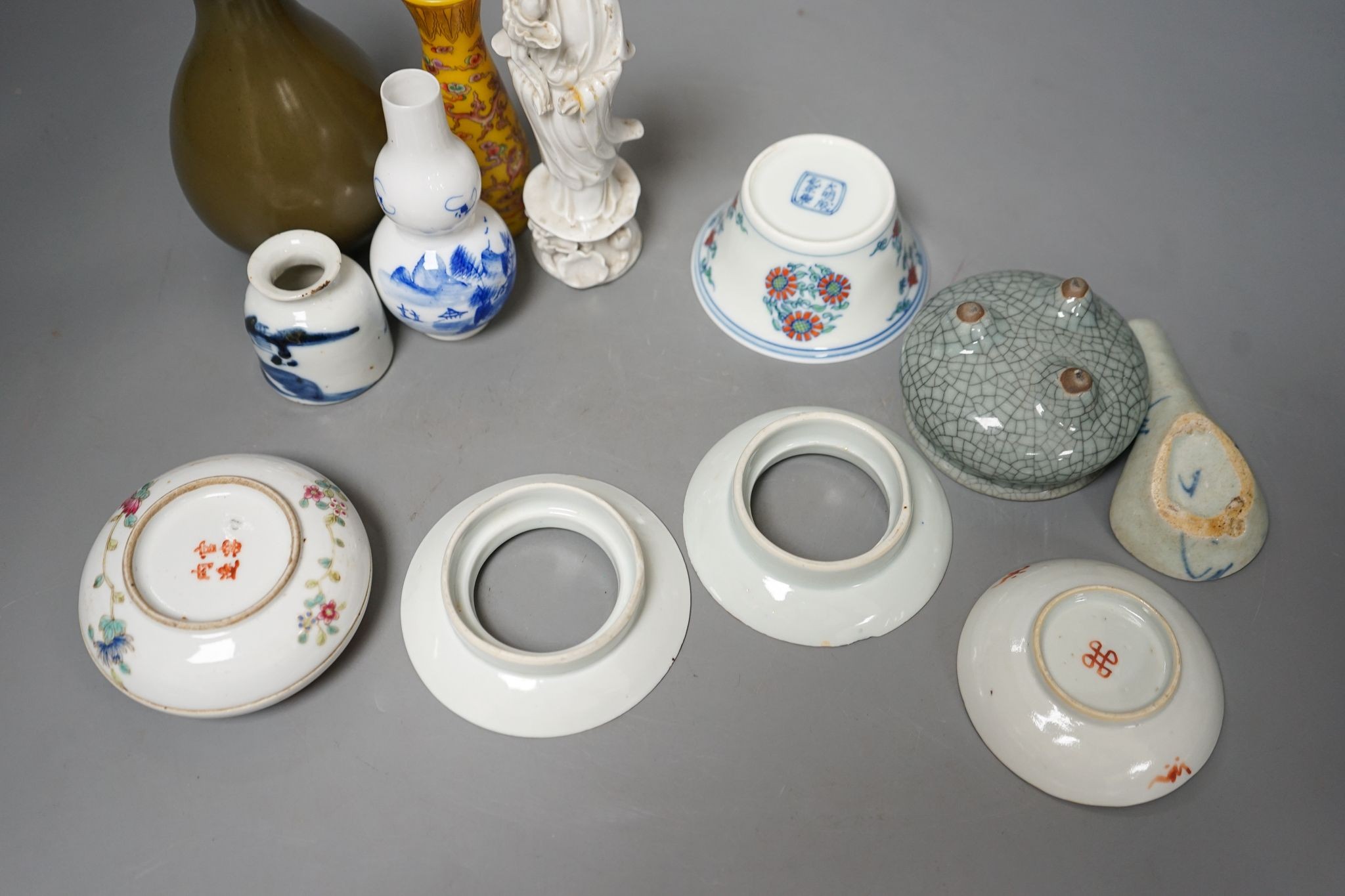 A group of Chinese ceramics including a tea dust vase, blanc de chine figure, famille rose box and cover etc., tallest 16cm